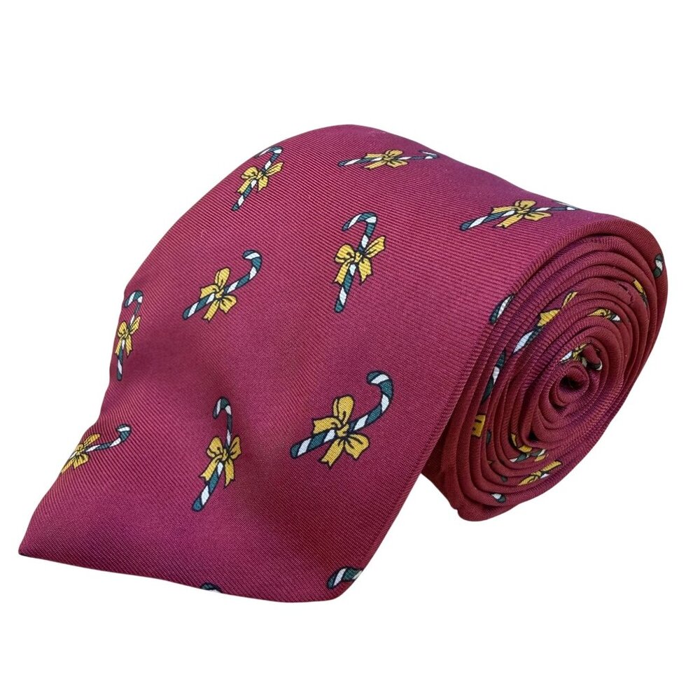 Happy Holiday Mens Red 100% Silk Candy Cane Patterned Tie